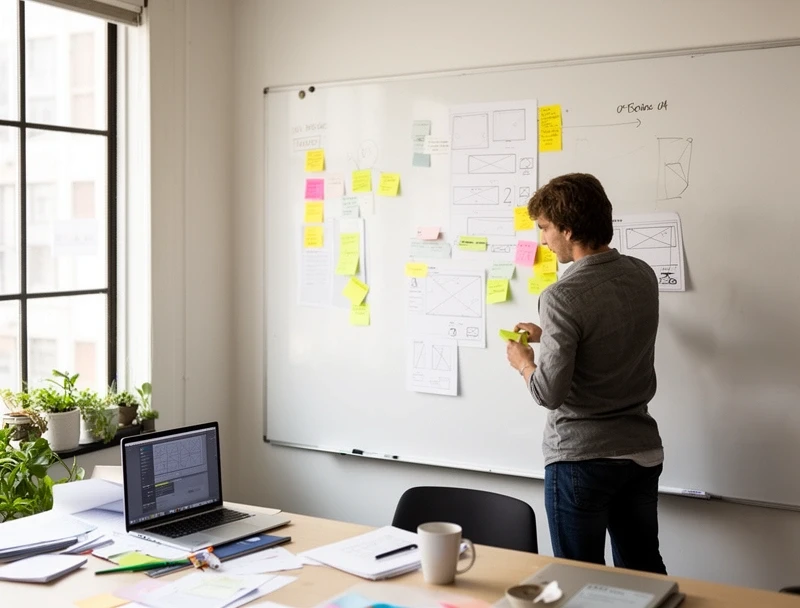 UX-Texterin arbeitet am Laptop mit Wireframes und Post-its