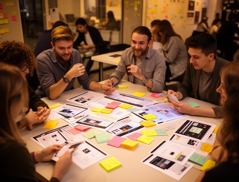 Unser Team bei der Arbeit – Post-its auf einem Whiteboard, Laptops, Tassen Kaffee